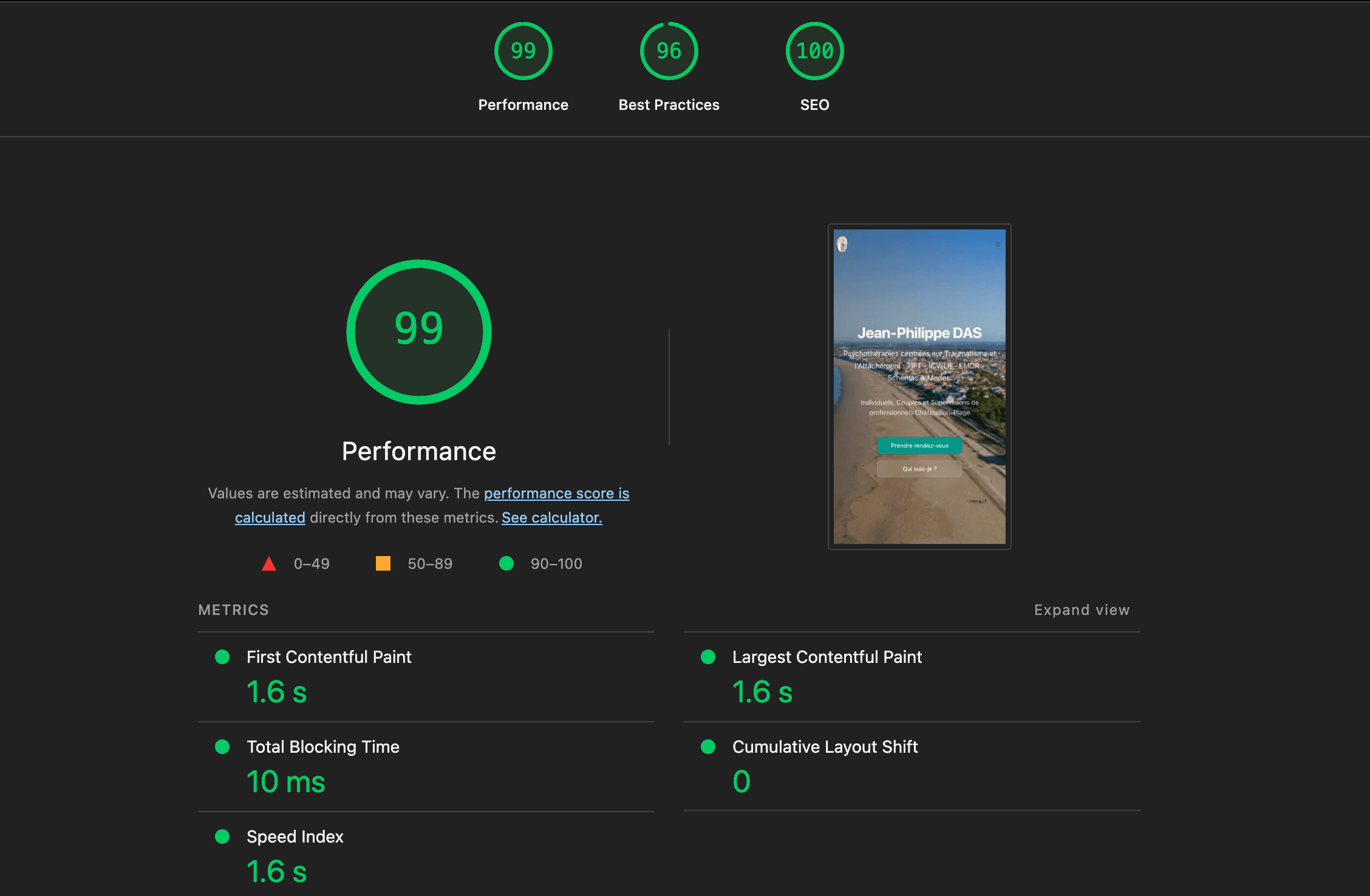 Rapport Google Lighthouse pour therapeutelarochelle.fr - scores parfaits en performance, SEO et accessibilité